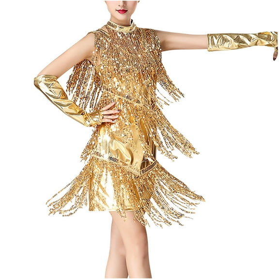 Oksale Womens 1920s Flapper Dresses Adult Tango Jazz Dancing Dress with Gloves Sequins Tassel Latin Dance Dresses Cocktail Party Dress Gold