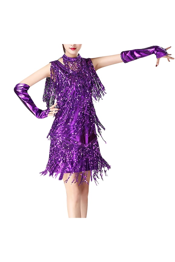 Womens 1920s Flapper Dresses Adult Tango Jazz Dancing Dress with Gloves Sequins Tassel Latin Dance Dresses Cocktail Party Dress Purple