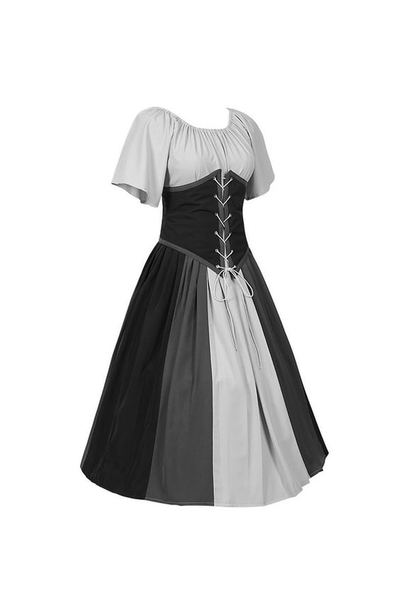 Womens Corset Dresses Medieval Renaissance Dress Retro Lace Up Corset Dress Short Sleeve Long Dress Elegant Flowy Dress for Party wedding Gray