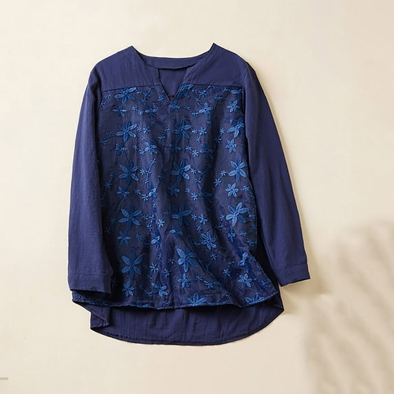 Oksale Womens Cotton Linen Shirts Plus Size Vintage Floral Embroidered Shirt Casual V Neck Long Sleeve Blouses Baggy Boho Peasant Tops 2025