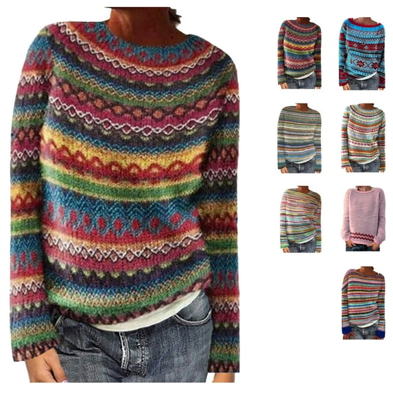 Oksale Womens Fair Isle Sweaters Casual Crewneck Sweater Vintage Long Sleeve Jumper Soft Knit Comfortable Tops Slouchy Shirt Red XXL