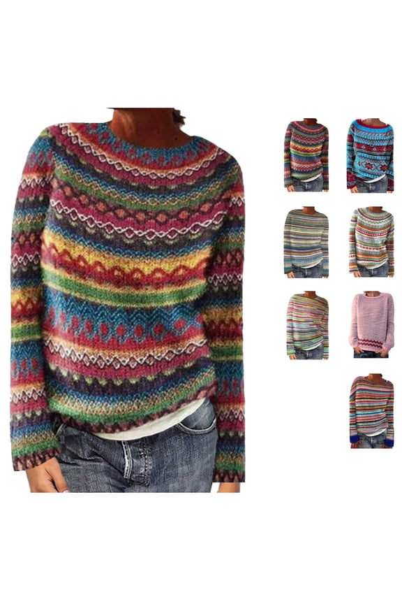 Womens Fair Isle Sweaters Casual Crewneck Sweater Vintage Long Sleeve Jumper Soft Knit Comfortable Tops Slouchy Shirt Red XXL