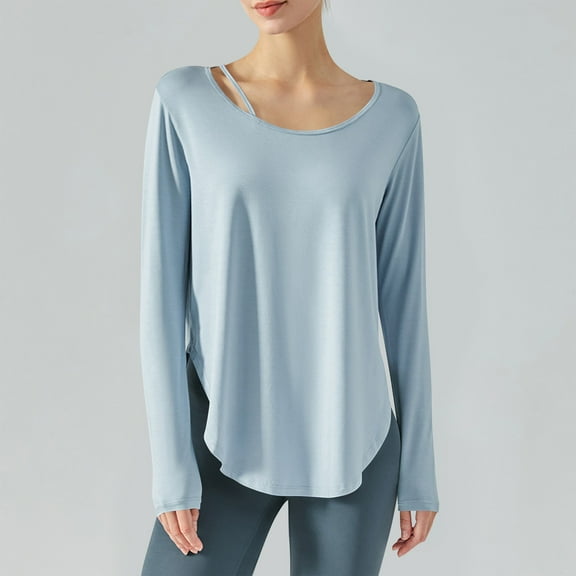 OKSALE Womens Fitness Long Sleeve Shirts Trendy Curved Hem Shirt Solid Color Blouses Loose Fit Athletic Blouse Soft Comfy Sport Tops 2025