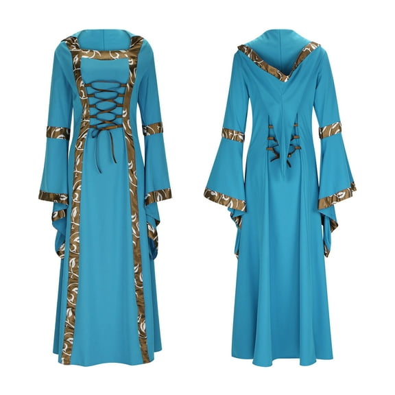 Oksale Womens Medieval Dresses Plus Size Renaissance Maxi Dress Retro Trumpet Sleeve Hooded Dress Formal Floor Length Gown Lace Up Tea Party Gowns Blue