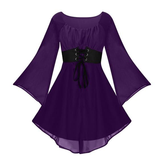 Oksale Womens Medieval Flare Sleeve Dresses Vintage Renaissance Lace Up Dress Casual Square Neck Dress Midi Dresses 2025 Purple