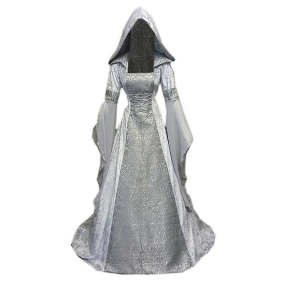 Oksale Womens Medieval Hooded Corset Dresses Renaissance Lace Up Dress with Hood Vintage Floor Length Dresses Square Neck Dress for Party Elegant Dresses Silver XXL