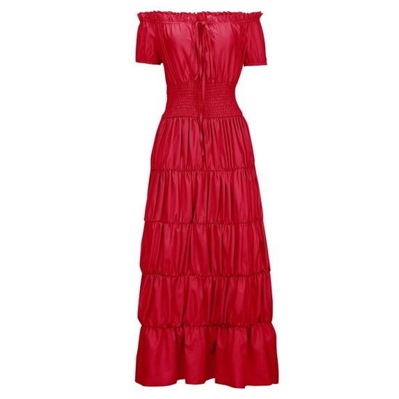 Oksale Womens Medieval Off The Shoulder Dresses Renaissance Smocker Dresses Vintage Puff Sleeve Dress Elegant Corset Long Dress for Party Red