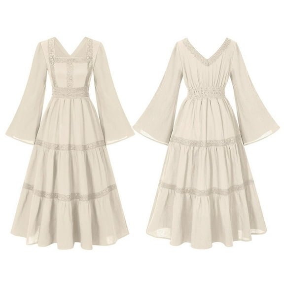 Oksale Womens Medieval Victorian Dresses Renaissance V Neck Dress Retro Bell Sleeve Maxi Dresses Flowy Floor Length Gown Dress Party Wedding Gowns Beige