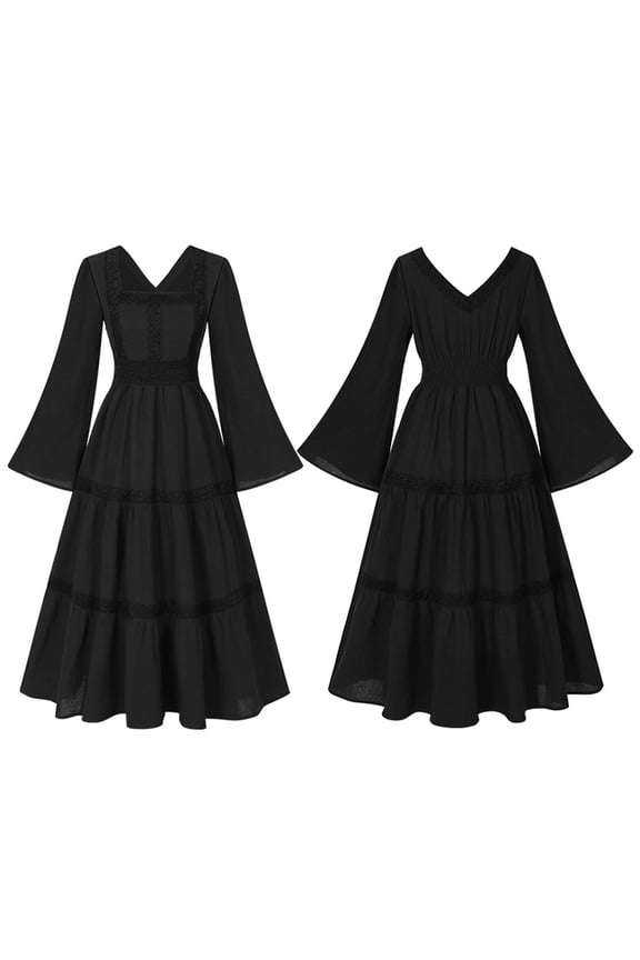 Womens Medieval Victorian Dresses Renaissance V Neck Dress Retro Bell Sleeve Maxi Dresses Flowy Floor Length Gown Dress Party Wedding Gowns Black