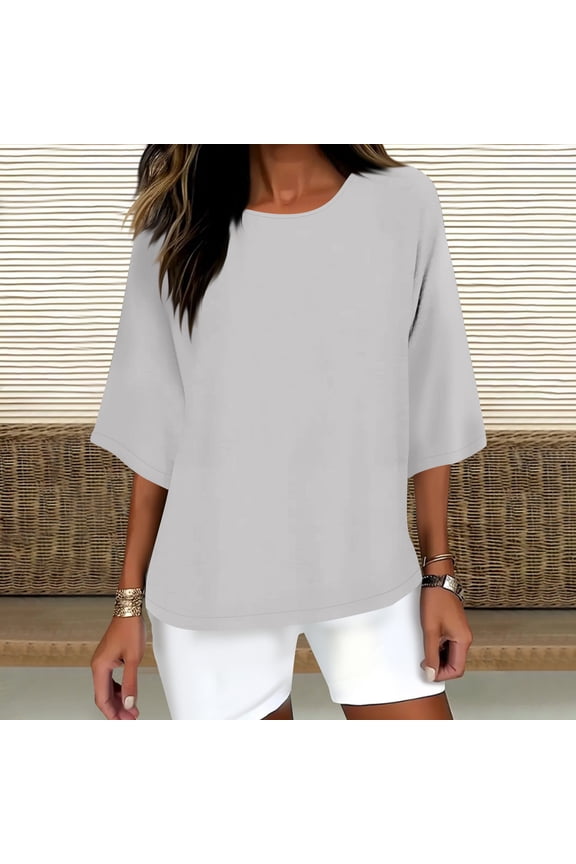 Womens Plus Size 3/4 Sleeve T Shirts Crew Neck Loose Fit Tops Solid Color Basics Tees Fashion Casual Summer T Shirts 2025
