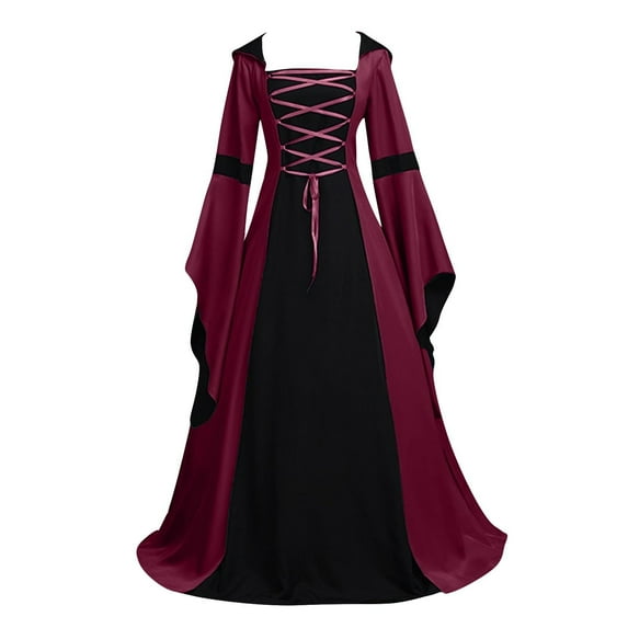 Oksale Womens Renaissance Dresses Medieval Long Bell Sleeve Dress Vintage Lace Up Corset Dress Square Neck Victorian Gown Floor Length Dress for Party Wine