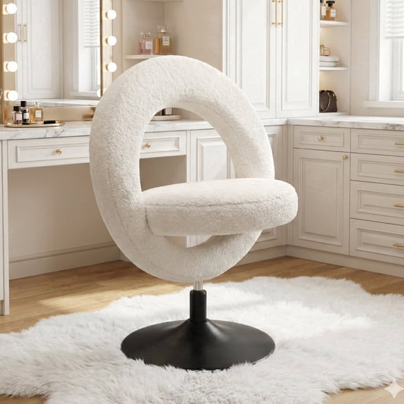 OKUP K01 Bouclé Vanity Chair, Armless Swivel Makeup Chair for Small Spaces with Flip-Up Seat, White