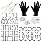 OKYMOTOR 84pcs Piercing Jewelry Kit Pro Piercing Kit 316L Stainless Steel Body Septum Piercing Kit 16G Belly Ring Tongue Tragus Nipple Nose Eyebrow Piercing Tools Piercing Needles Clamps