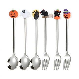 GENEMA 4Pcs Creative Halloween Stainless Steel Spoon Fork with Cute Pumpkin  Ghost Pendant Charm Tea Dessert Tableware Cutlery 