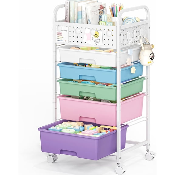 OKYWHOP 4 Drawer Rolling Storage Cart, Multifunctional Mobile Organizer Cart with Pegboard Top & Hooks, Utility Rolling Cart with Wheels for Home Office Classroom Craft Supplies, Ice Cream