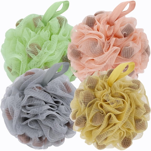 OKYWHOP Bath Loofah Shower Sponge Body Back Scrubber Soft Mesh Shower Puffs Exfoliating Loofa for Women & Men Bath Accessories Cleaning Tool (4Pcs 60G Shower Puffs, Luxury)