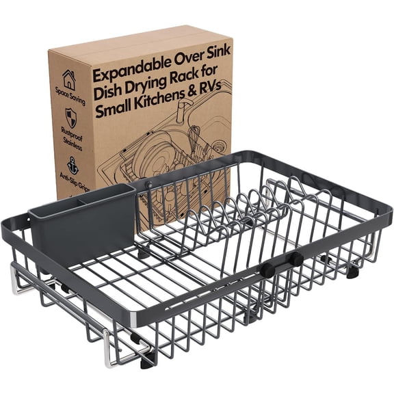OKYWHOP Grey Expandable Stainless Steel Over Sink Dish Drying Rack with Utensil Holder, Rustproof Space Saving Dish Drainer