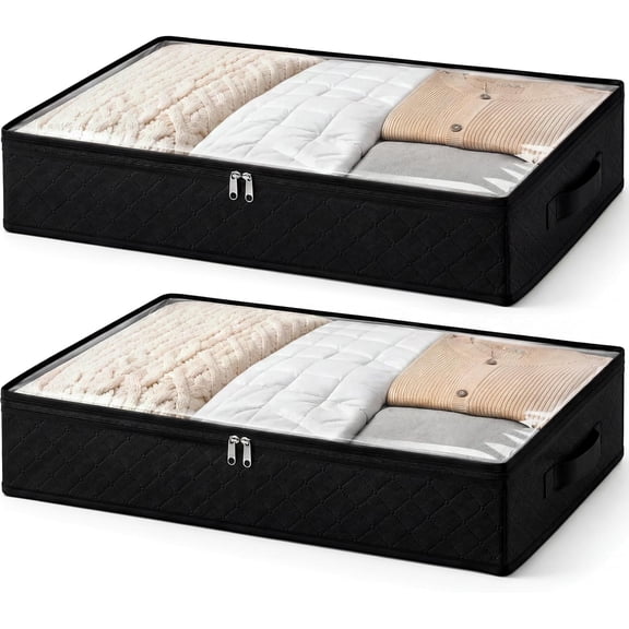 OKYWHOP High‑Quality Black Underbed Storage Bags 2‑Pack, Foldable Dust‑Resistant Storage Containers with Clear Window, Reinforced Handles for Bedding Clothing