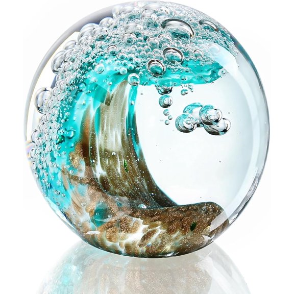 OKYWHOP High‑Quality Hand Blown Ocean Wave Glass Ball, 2.3" Green Glass Paperweight, Stable Flat Base, Artisan Craftsmanship for Home Office Shelf Tabletop Decor