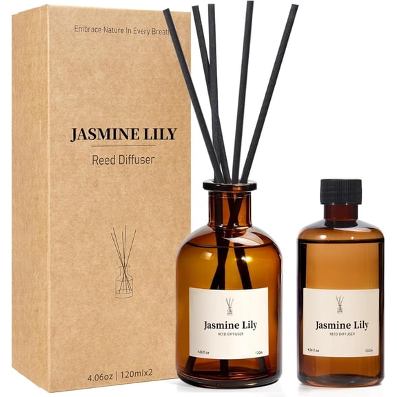 OKYWHOP HighQuality Reed Diffuser Set, 8.12 fl.oz Jasmine Lily Scent with 10 Reed Sticks, 2 Pack, Up to 120 Days Home Fragrance, Air Freshener for Bathroom Office Shelf Decor