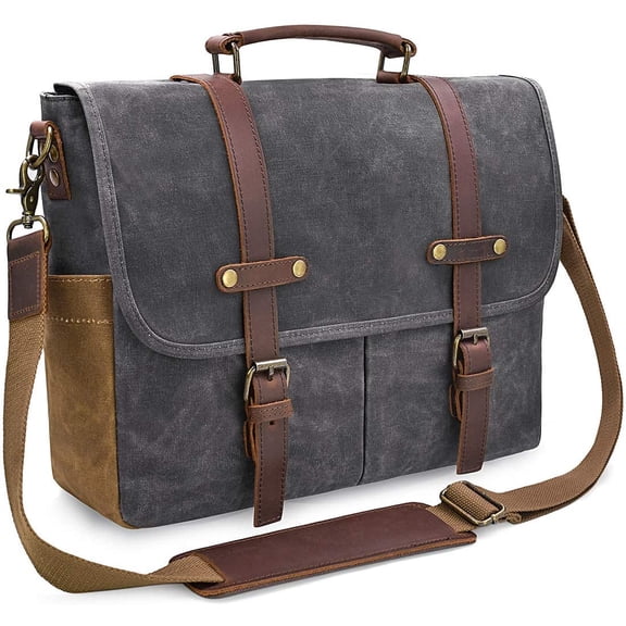OKYWHOP Mens Messenger Bag 15.6 Inch Business Office Work Briefcase Grey | Waterproof, Vintage Genuine Leather, Waxed Canvas, Large Satchel Shoulder Bag, Rugged Leather Computer Laptop Bag