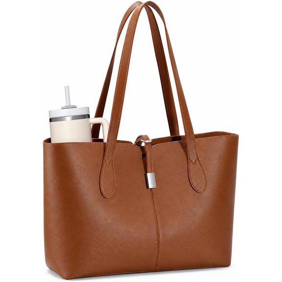 OKYWHOP Tote Bag for Women 15.6" Work Bag with Removable Laptop Sleeve | Leather Laptop Bag Lightweight Computer Handbag Shoulder Bag with Laptop Compartment & Multiple Pockets, Dark Brown