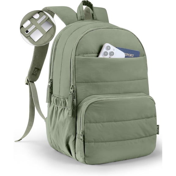 OKYWHOP Travel Backpack for Women, 15.6 Inch Laptop Backpack, Quilted College Bookbag, Cute Work Backpacks, Water Resistant (Sage Green)
