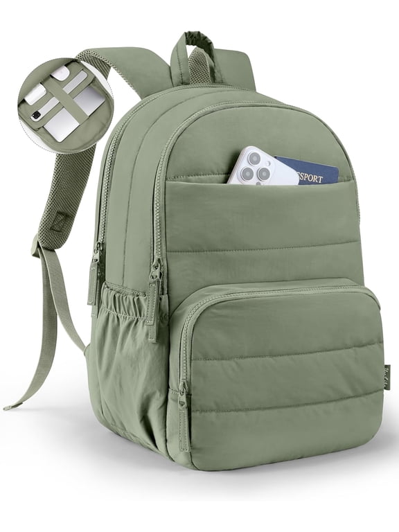 Travel Backpack for Women, 15.6 Inch Laptop Backpack, Quilted College Bookbag, Cute Work Backpacks, Water Resistant (Sage Green)