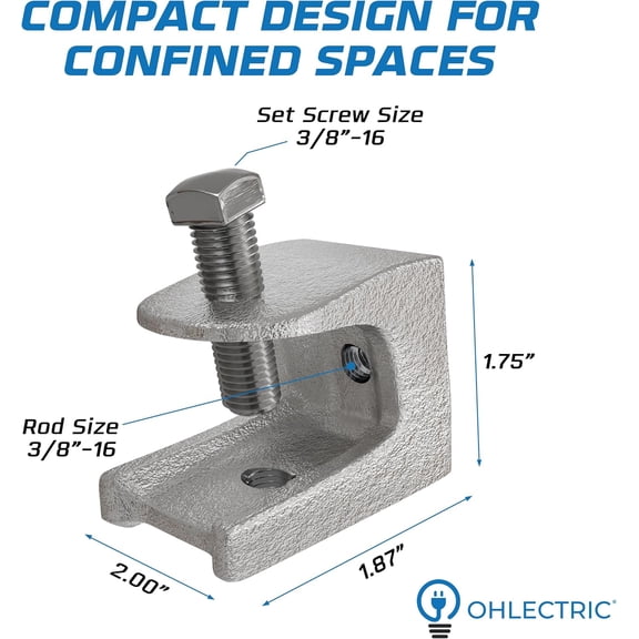 OL-72839 Beam C Clamp - Malleable Iron, Zinc Plated Beam Clamp - Features 1-1/8" Jaw Opening, 1/2"-13 Set Screw Size and 750 lbs Max Load - Safety Beam Clamp - Supports 1/2" to 13" Rods
