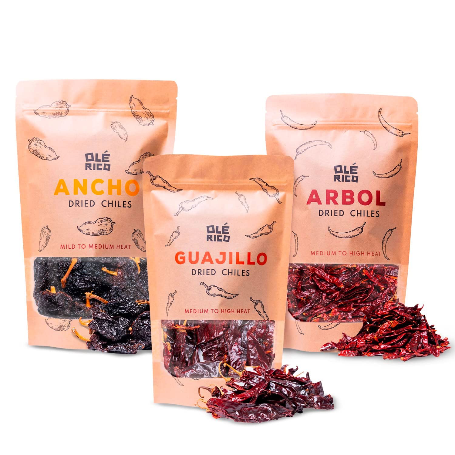 OLÉ RICO - Dried Chile Peppers 3 Pack Bundle (12 oz Total) - Ancho Chiles, Guajillo Chiles and Arbol Chiles - The Spicy Trio - Great For Mexican Recipes - Packaged In Resealable Bags - image 1 of 9