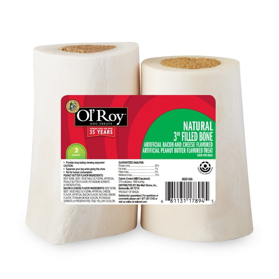 Ol' Roy 3" Stuffed Shin Bone Dog Chew, Bacon, Cheese and Peanut Butter Flavor, 2 Pack