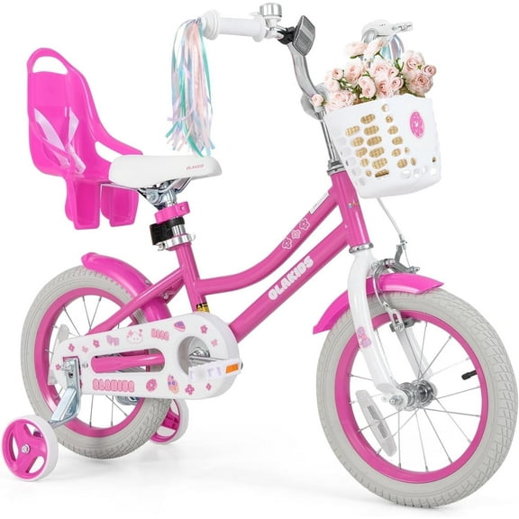 OLAKIDS 12 14 16 18 Inch Toddlers Bike with Training Wheels Doll Seat Basket Adjustable Seat and Handlebar, Handbrake and Coaster Brake, Children's Bicycle for Girls