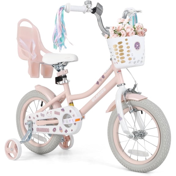 OLAKIDS 12 14 16 18 Inch Toddlers Bike with Training Wheels Doll Seat Basket Adjustable Seat and Handlebar, Handbrake and Coaster Brake, Children's Bicycle for Girls