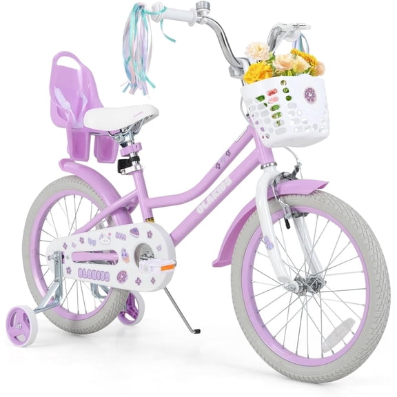 OLAKIDS 12 14 16 18 Inch Toddlers Bike with Training Wheels Doll Seat Basket Adjustable Seat and Handlebar, Handbrake and Coaster Brake, Children's Bicycle for Girls