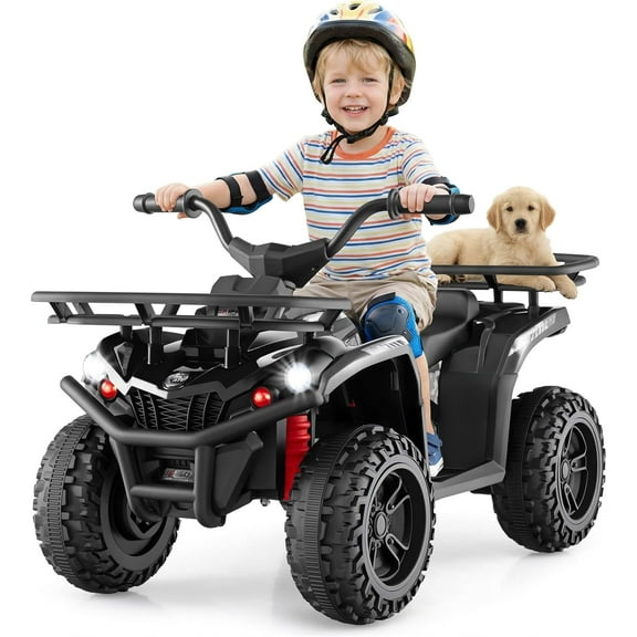 OLAKIDS 12V Kids ATV Quad with 2 Speeds, Spring Suspension, LED Lights, Music & Story Player, Big Tires, 2 Storage Spaces, Ride On Car for Boys Girls Ages 3 