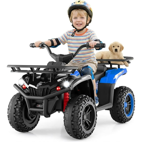 OLAKIDS 12V Kids ATV Quad with 2 Speeds, Spring Suspension, LED Lights, Music & Story Player, Big Tires, 2 Storage Spaces, Ride On Car for Boys Girls Ages 3+