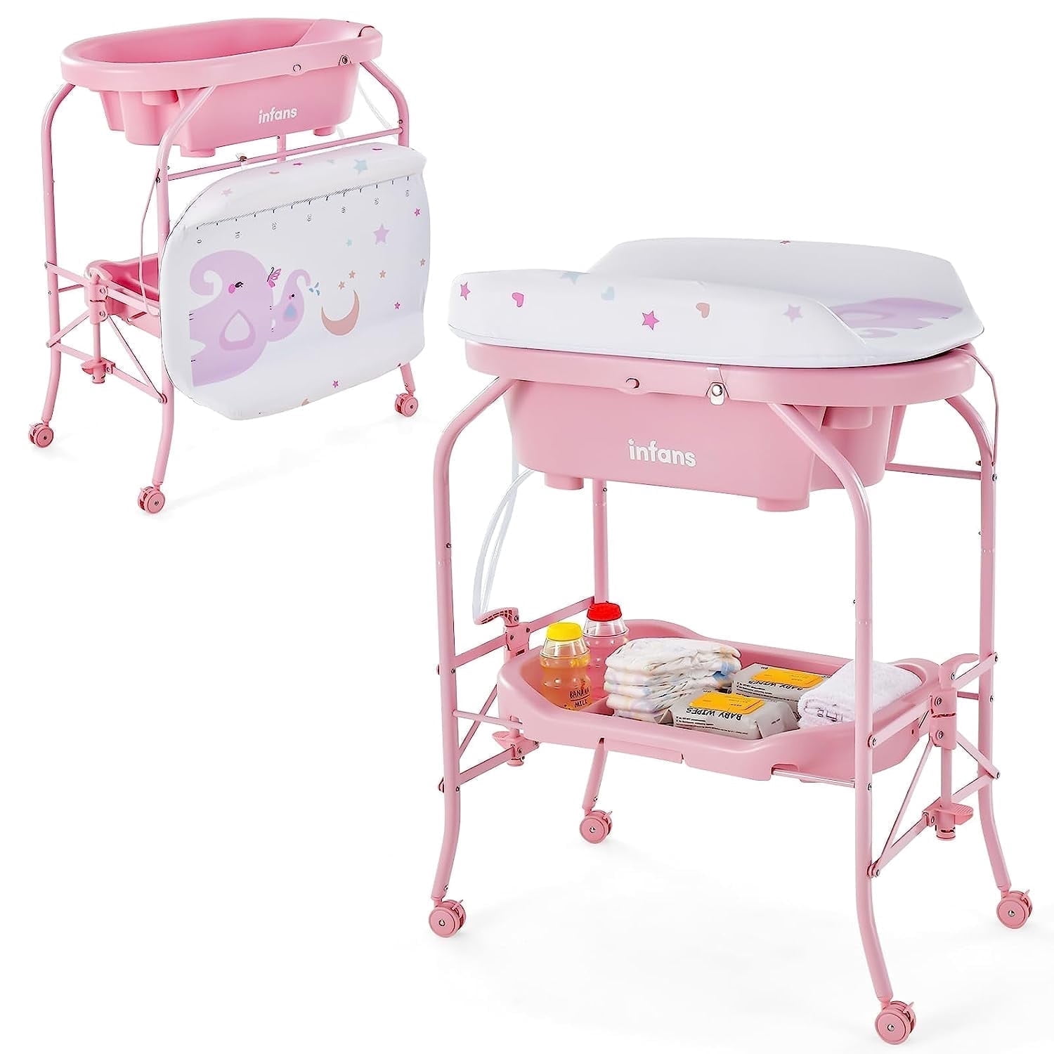 INFANS 2 in 1 Baby Changing Table with Bath Tub Unit, Folding Diaper Dresser Station with Wheels Waterproof Pad Storage Rack, Portable Nursery Organizer Stand for Newborn Infant