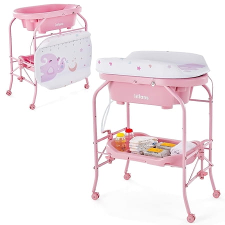 INFANS 2 in 1 Baby Changing Table with Bath Tub Unit, Folding Diaper Dresser Station with Wheels Waterproof Pad Storage Rack, Portable Nursery Organizer Stand for Newborn Infant