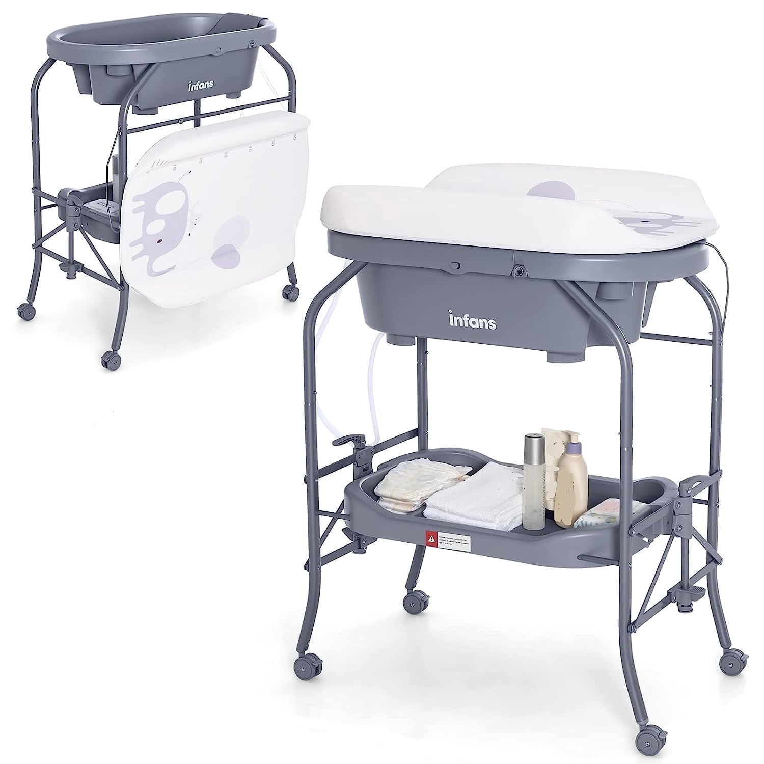INFANS 2 in 1 Baby Changing Table with Bath Tub Unit, Folding Diaper Dresser Station with Wheels Waterproof Pad Storage Rack, Portable Nursery Organizer Stand for Newborn Infant