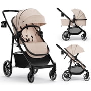 INFANS 2 in 1 Baby Stroller, High Landscape Infant Stroller, Foldable Pushchair with Adjustable Canopy, Cup Holder, Storage Basket, Suspension Wheels