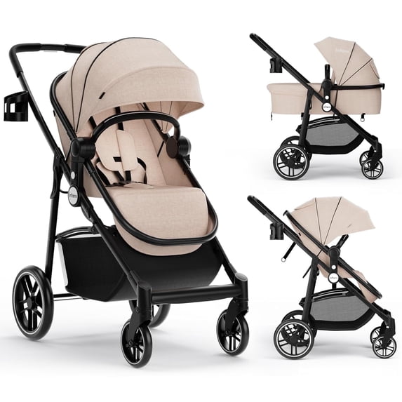 INFANS 2 in 1 Baby Stroller, High Landscape Infant Stroller, Foldable Pushchair with Adjustable Canopy, Cup Holder, Storage Basket, Suspension Wheels