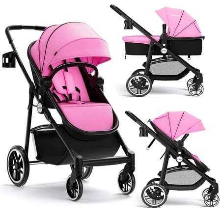 INFANS 2 in 1 Baby Stroller, High Landscape Infant Stroller, Foldable Pushchair with Adjustable Canopy, Cup Holder, Storage Basket, Suspension Wheels (Pink)