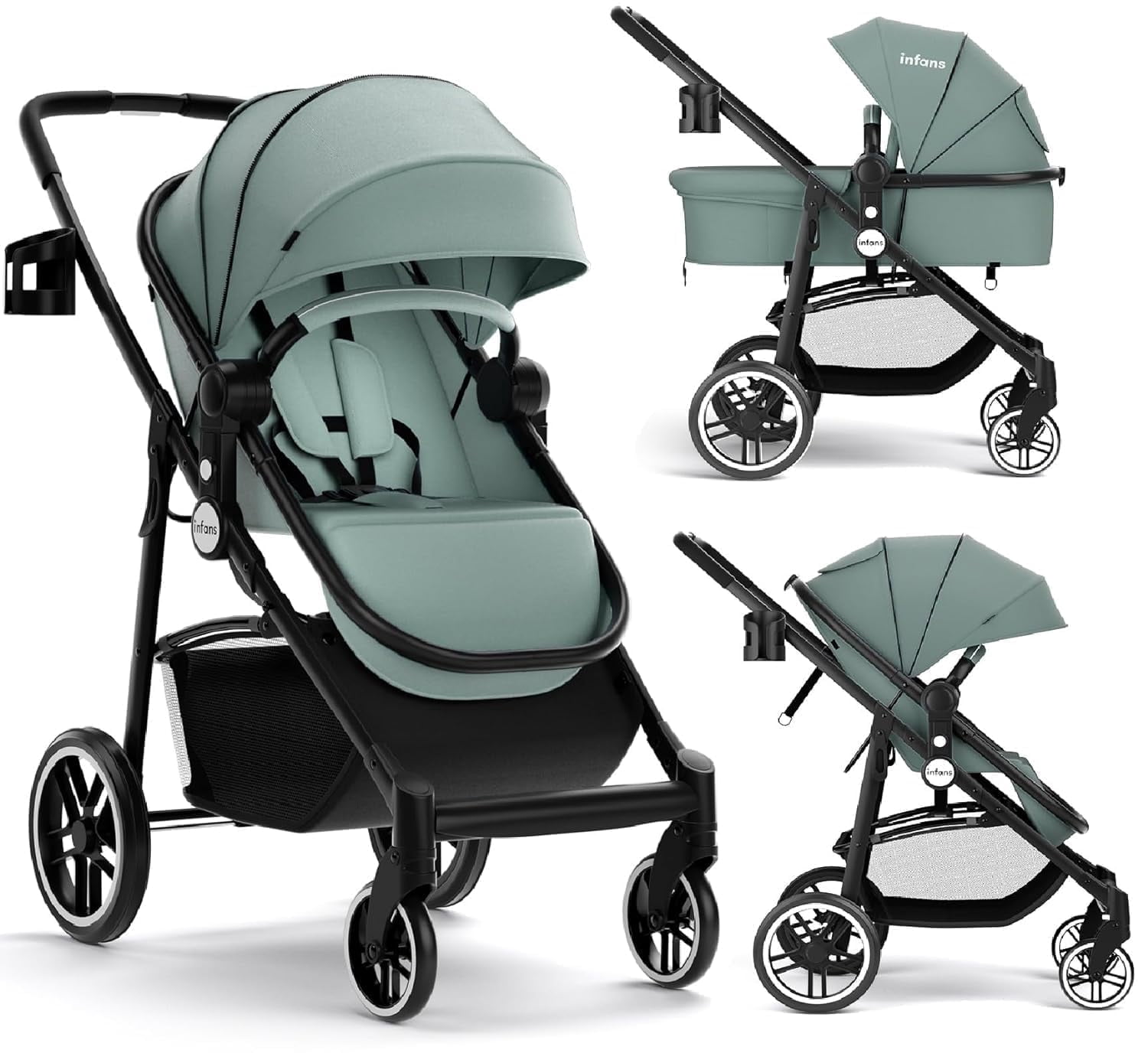 INFANS 2 in 1 Baby Stroller, High Landscape Infant Stroller, Foldable Pushchair with Adjustable Canopy, Cup Holder, Storage Basket, Suspension Wheels (Green)