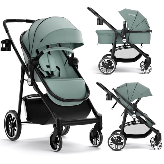 INFANS 2 in 1 Baby Stroller, High Landscape Infant Stroller, Foldable Pushchair with Adjustable Canopy, Cup Holder, Storage Basket, Suspension Wheels (Green)