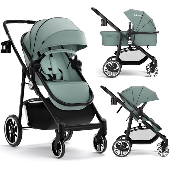 INFANS 2 in 1 Baby Stroller, High Landscape Infant Stroller, Foldable Pushchair with Adjustable Canopy, Cup Holder, Storage Basket, Suspension Wheels (Green)