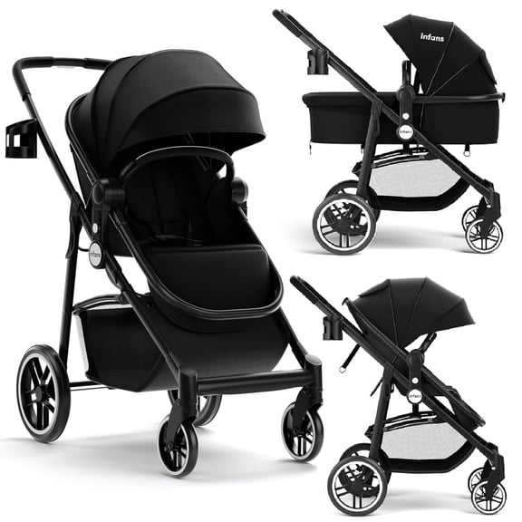 INFANS 2 in 1 Baby Stroller, High Landscape Infant Stroller, Foldable Pushchair with Adjustable Canopy, Cup Holder, Storage Basket, Suspension Wheels (Black)
