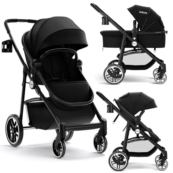 INFANS 2 in 1 Baby Stroller, High Landscape Infant Stroller, Foldable Pushchair with Adjustable Canopy, Cup Holder, Storage Basket, Suspension Wheels (Black)