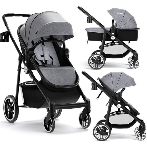 INFANS 2 in 1 Baby Stroller, High Landscape Infant Stroller, Foldable Pushchair with Adjustable Canopy, Cup Holder, Storage Basket, Suspension Wheels (Gray)