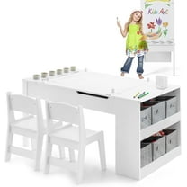 OLAKIDS 2 in 1 Kids Art Table and Chair Set, Toddler Craft Play Wood Activity Desk with 2 Chairs Paper Roll Storage Canvas Bins for Drawing Writing, Children Furniture for Daycare Nursery