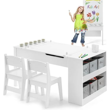 OLAKIDS 2 in 1 Kids Art Table and Chair Set, Toddler Craft Play Wood Activity Desk with 2 Chairs Paper Roll Storage Canvas Bins for Drawing Writing, Children Furniture for Daycare Nursery